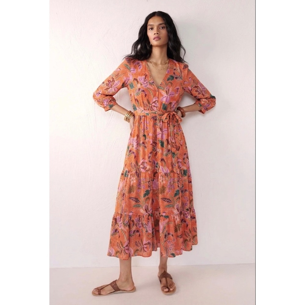 Banjanan‎ Floral Boho Maxi Dress M Tiered 100% Cotton European Summer Vacation